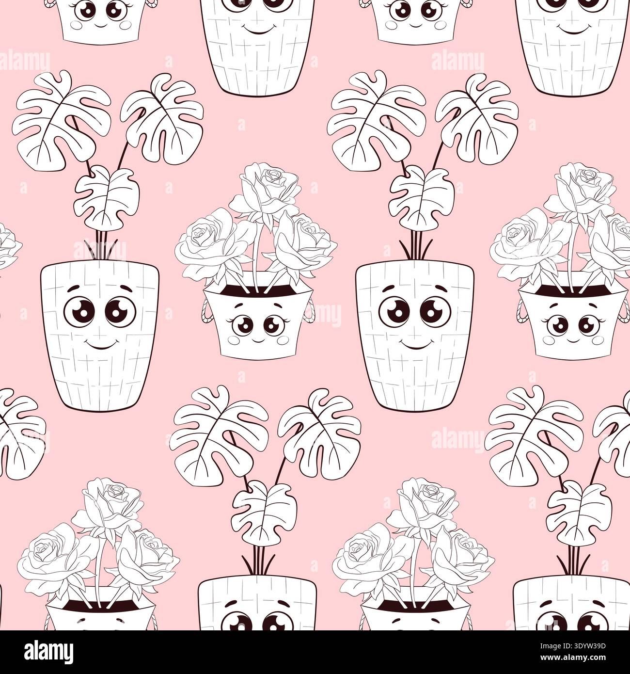 seamless pattern with cute potted plants on pink background with smiling faces Stock Vector