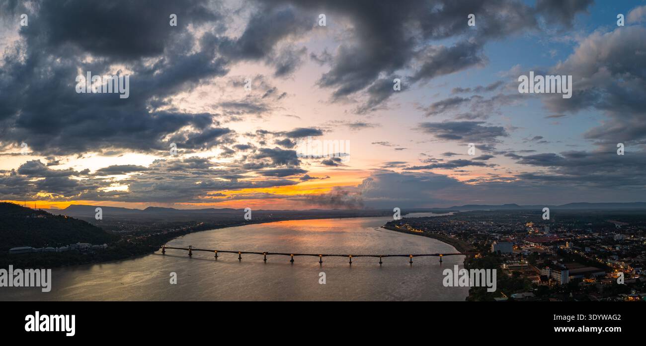 Aerial view of Elevated twilight view of Pakse City and Its Iconic ...