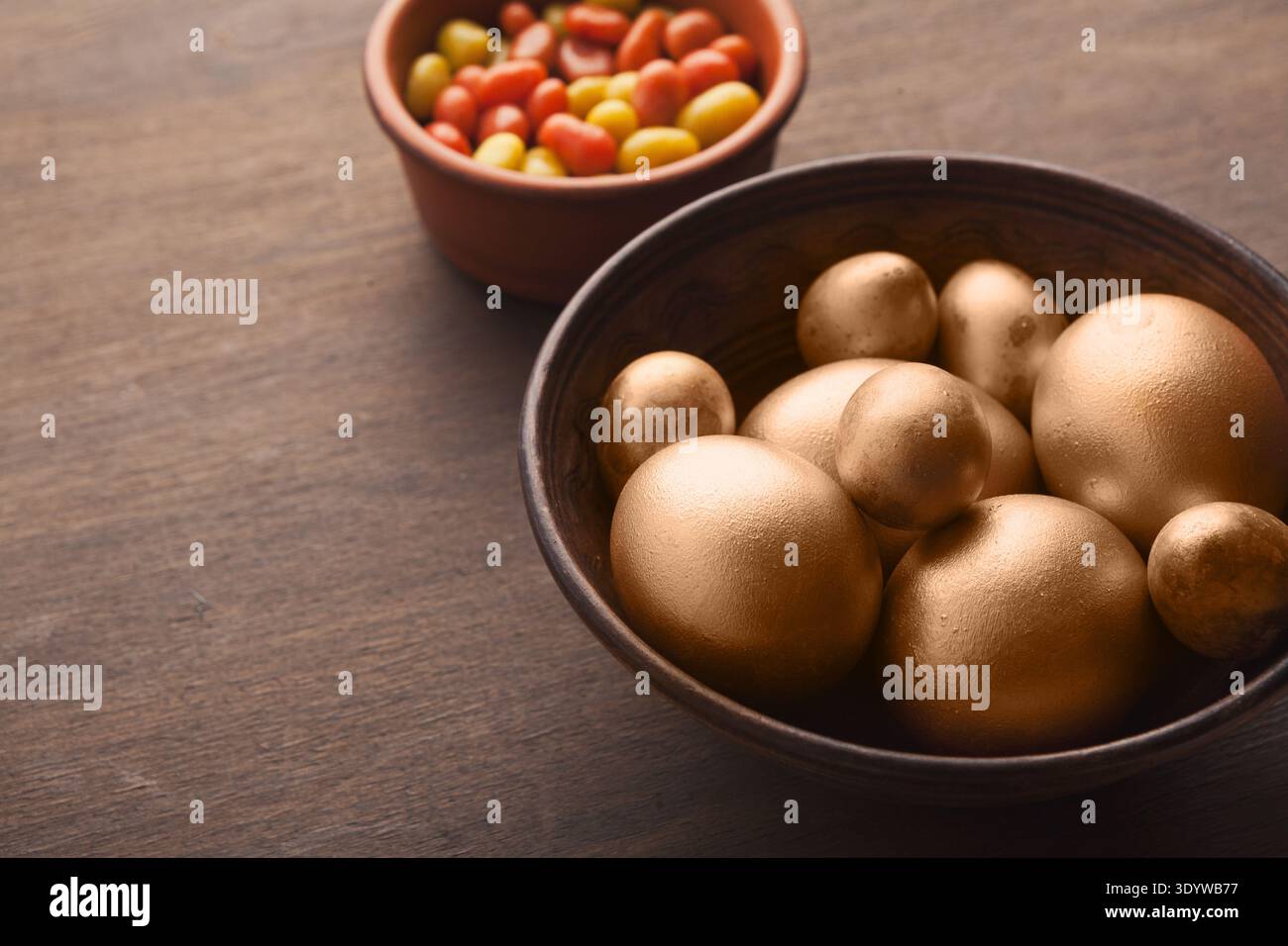 Background with golden decorated easter eggs Stock Photo