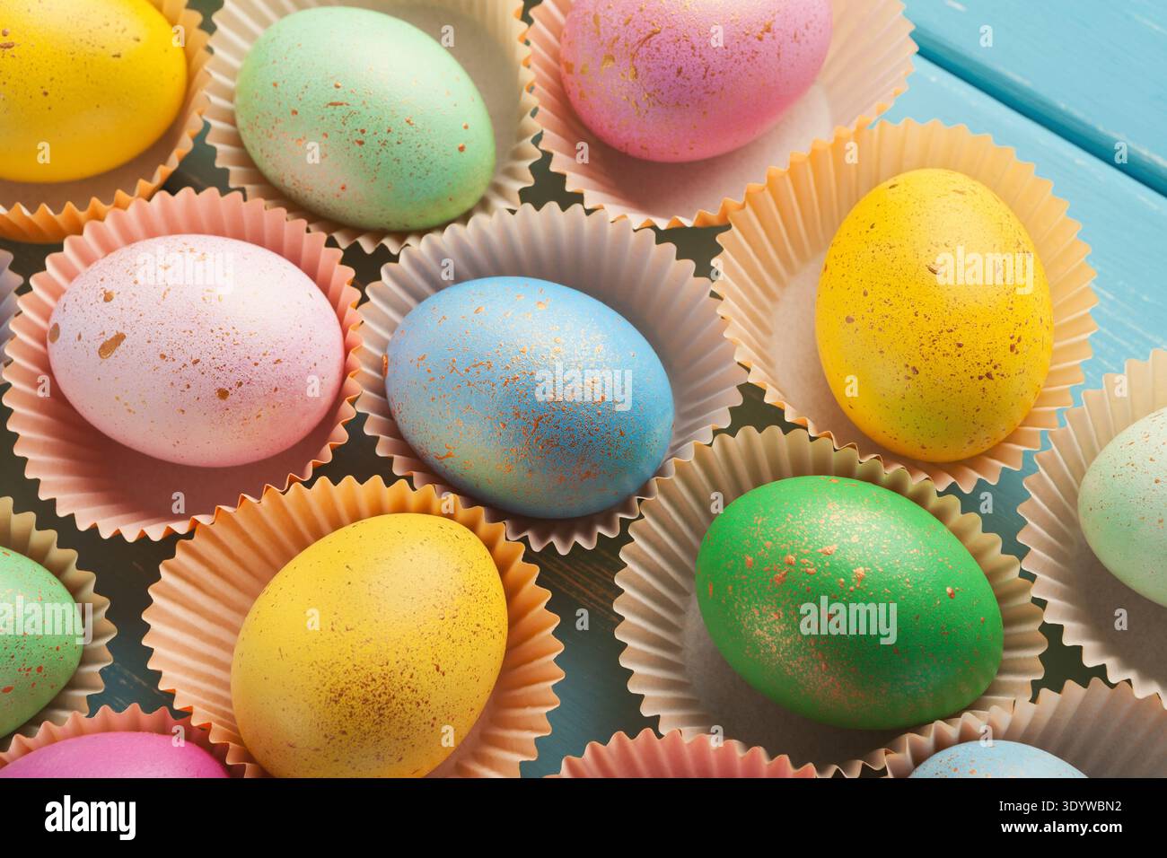 Easter background. Colored eggs closeup Stock Photo
