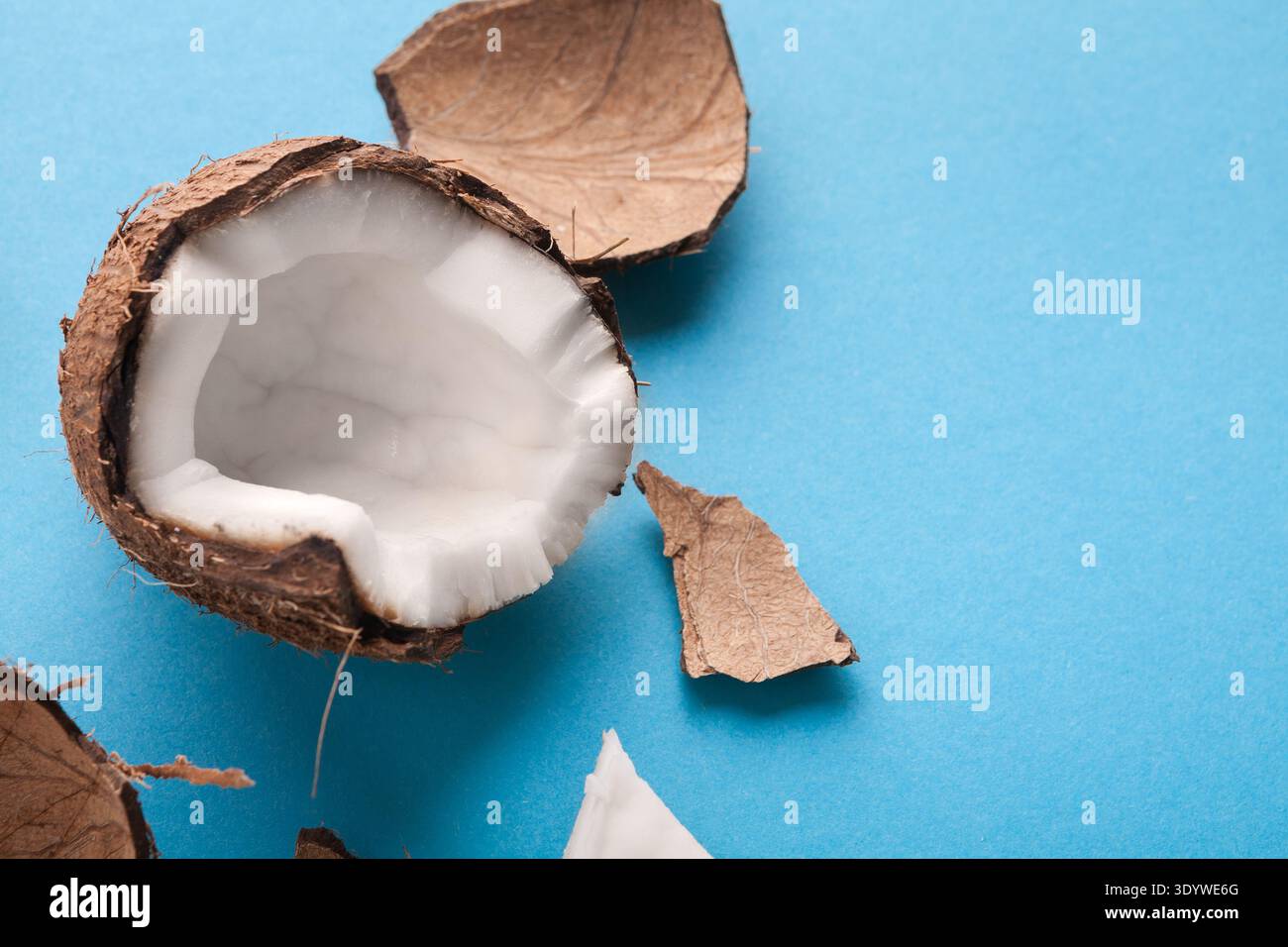 Closeup healthful coconuts on a light blue background Stock Photo