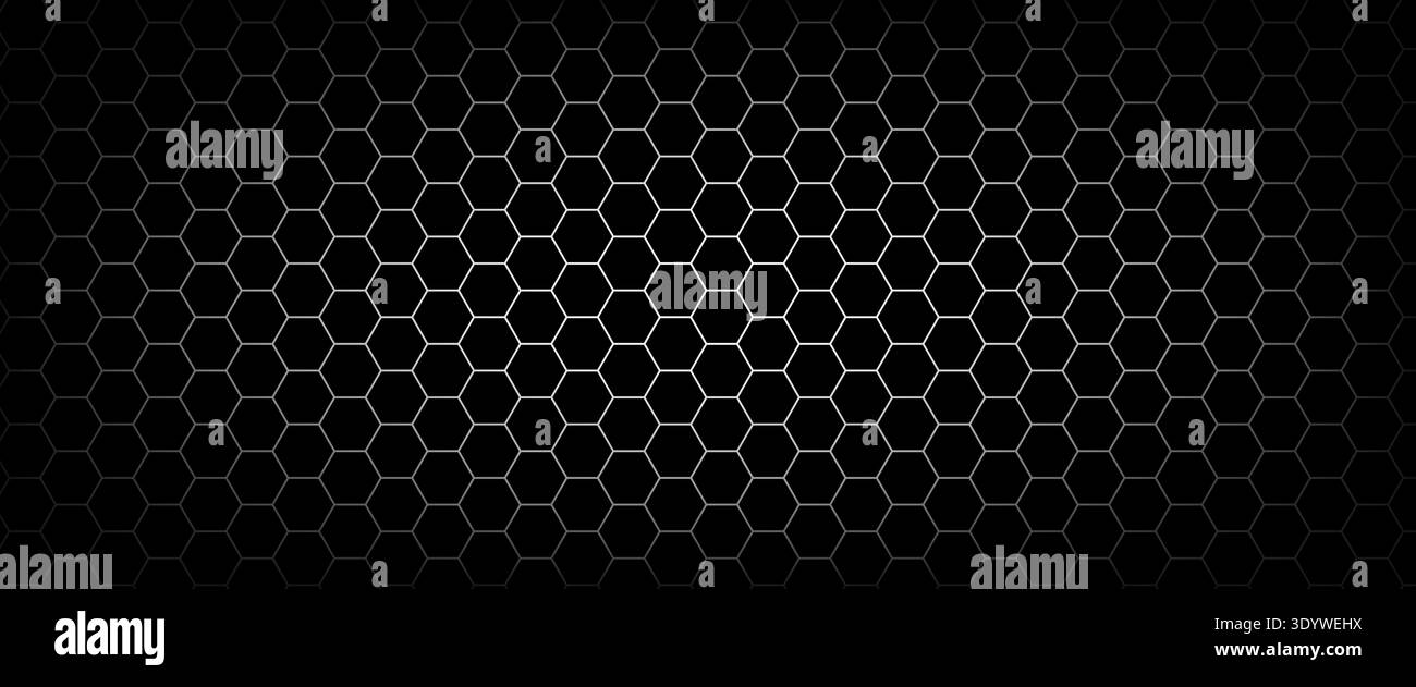 Fiber honeycomb gradient with carbon hexagon on black background for tech presentation. Large hex grid glows from a bright gradation at the center. Da Stock Vector