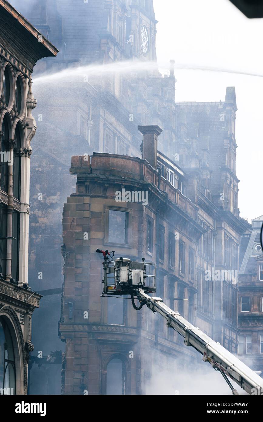 Glasgow, Scotland, UK. 9 March, 2026. Historic Victorian architecture  devastated after a fire broke out in a vape shop on Union Street and Gordon  Street in Glasgow city centre. Fire crews brought