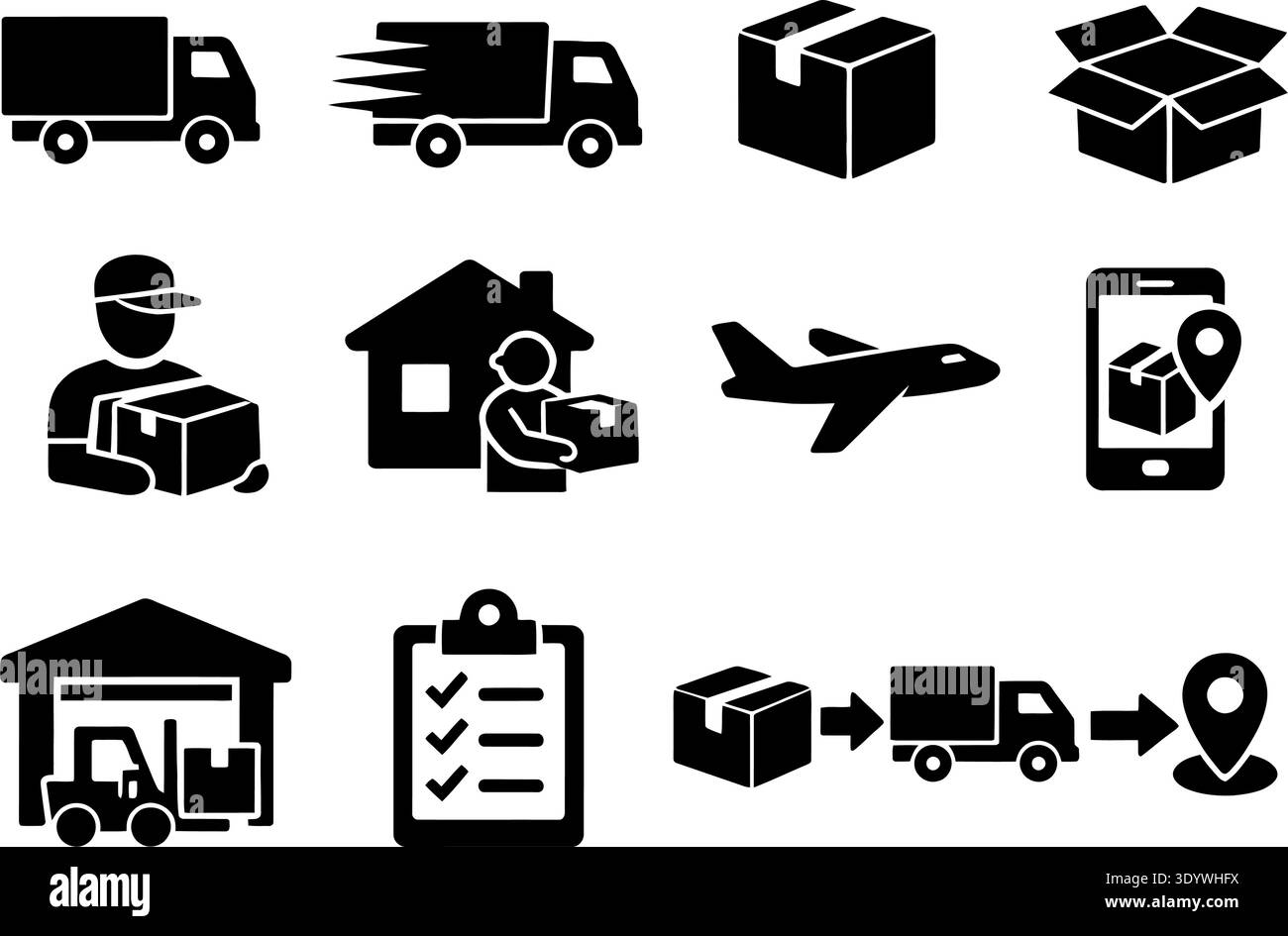 logistics solid icon set. Delivery, freight, transport icons solid collection Stock Vector