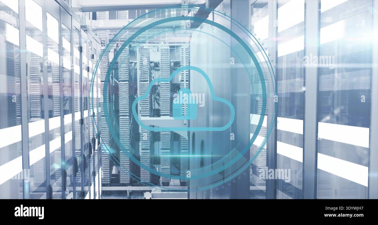 Glowing cloud security icon with padlock hovering over data center aisle, with server racks Stock Photo