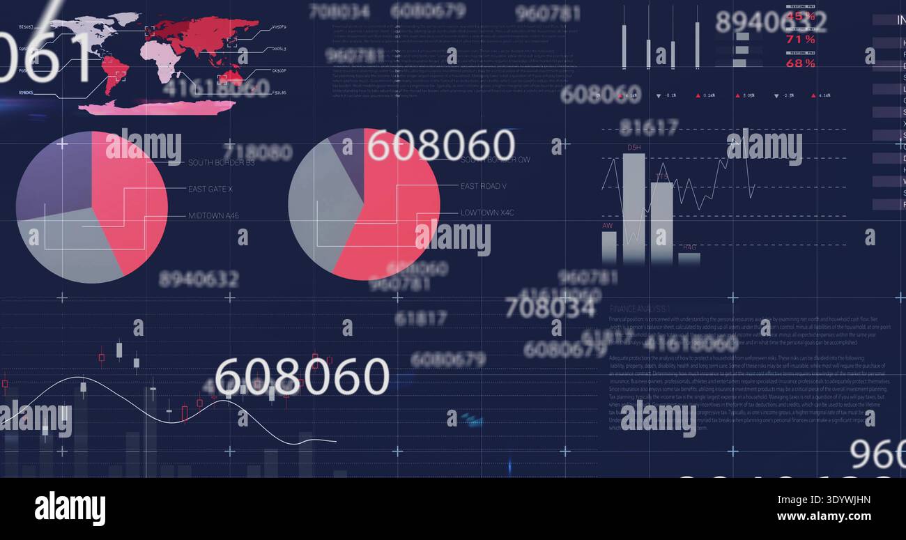 Displaying central dashboard on screen, with pie charts, numeric 608060, red map, candlestick trend Stock Photo