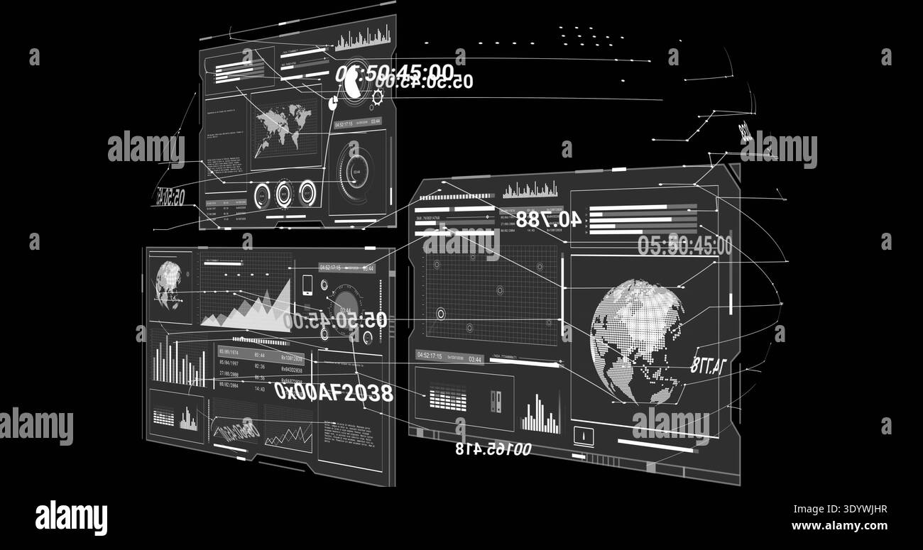 Displaying clustered holographic HUD panels floating in solid black backdrop, with pixelated globe Stock Photo