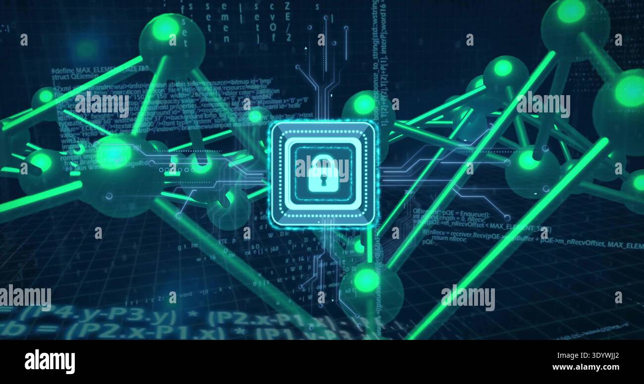 Displaying central microchip with padlock glowing on dark grid plane, connecting spherical nodes Stock Photo