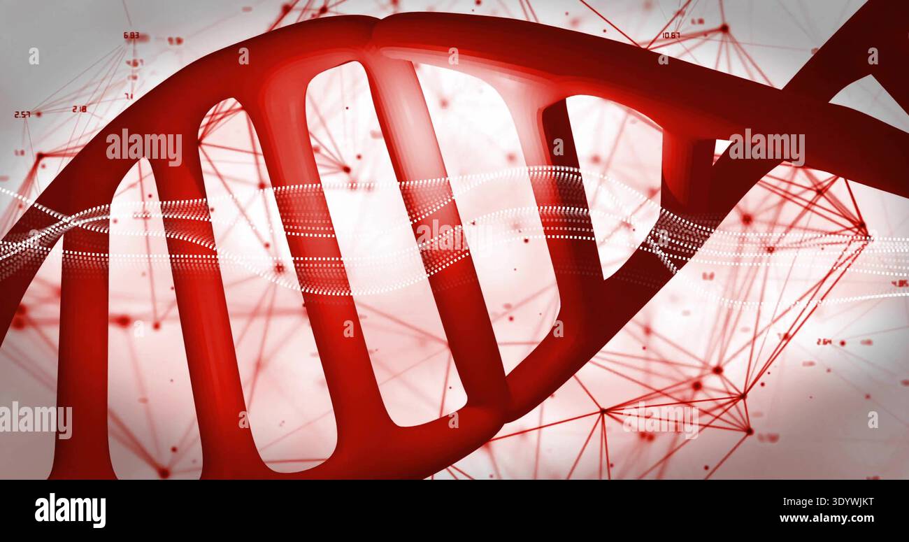 Displaying red DNA helix spanning frame in abstract lab visualization, with dotted data waveform Stock Photo
