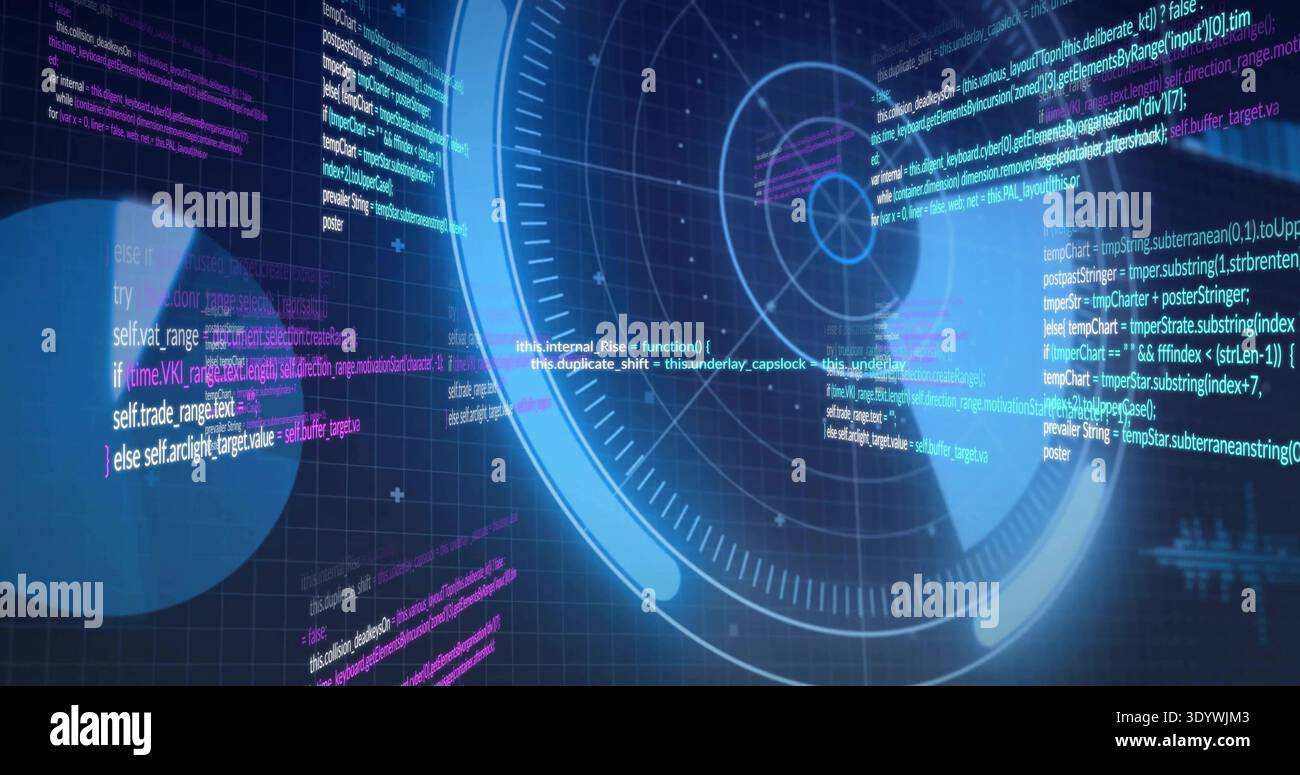 Displaying circular radar-style HUD centered in high-tech interface, showing glowing code overlays Stock Photo