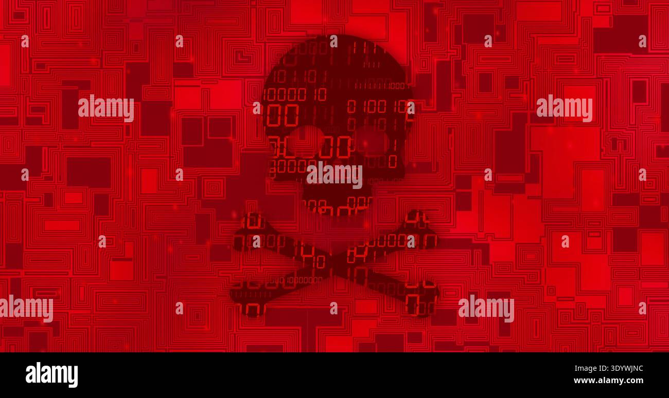 Displaying skull-and-crossbones on digital grid, with binary digits, maze lines and pixel blocks Stock Photo