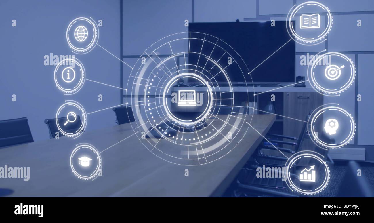 Projecting central digital interface hovering above boardroom table with laptop icon, black chairs Stock Photo