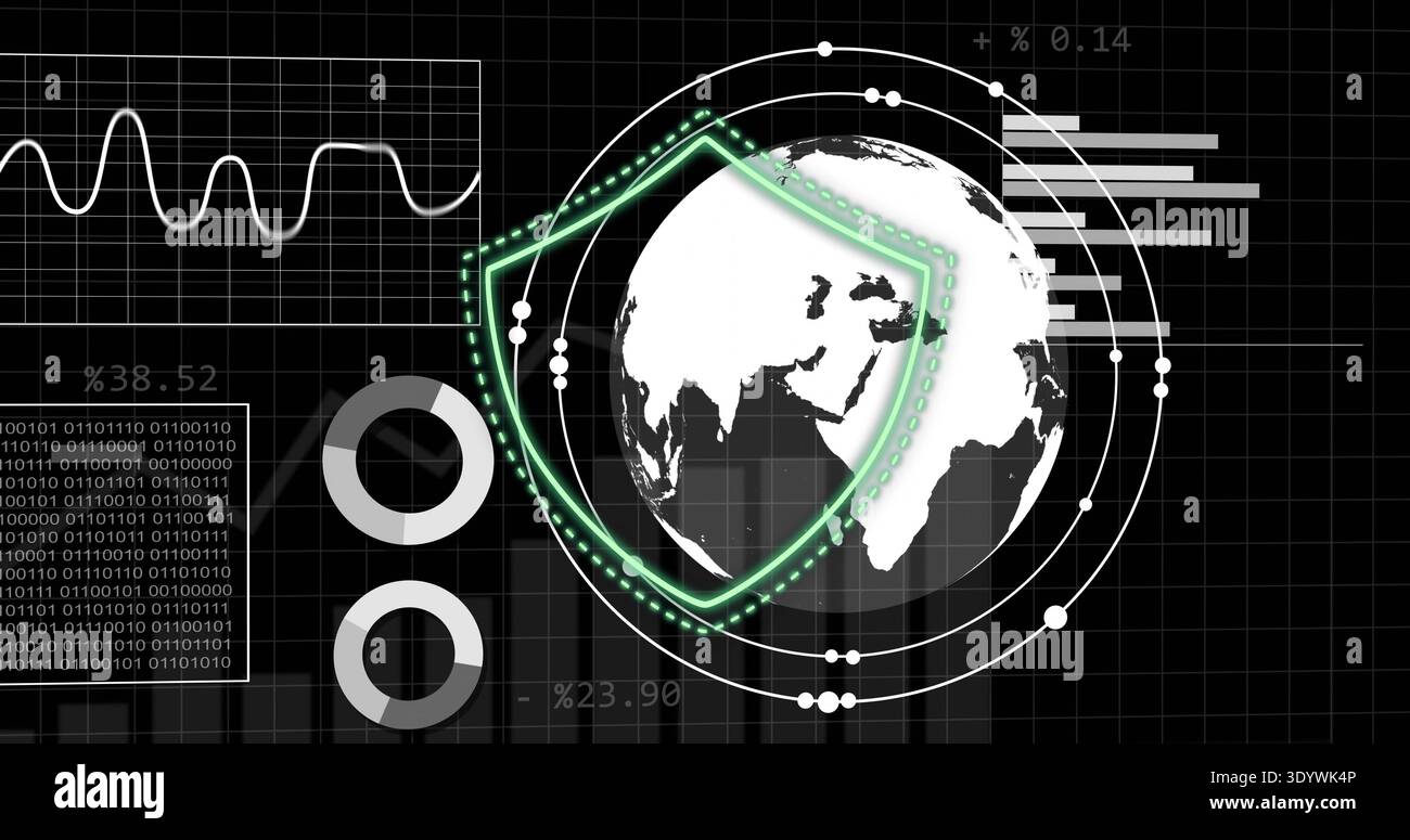 Displaying white globe centered on grid dashboard, overlaying neon green shield and binary code Stock Photo