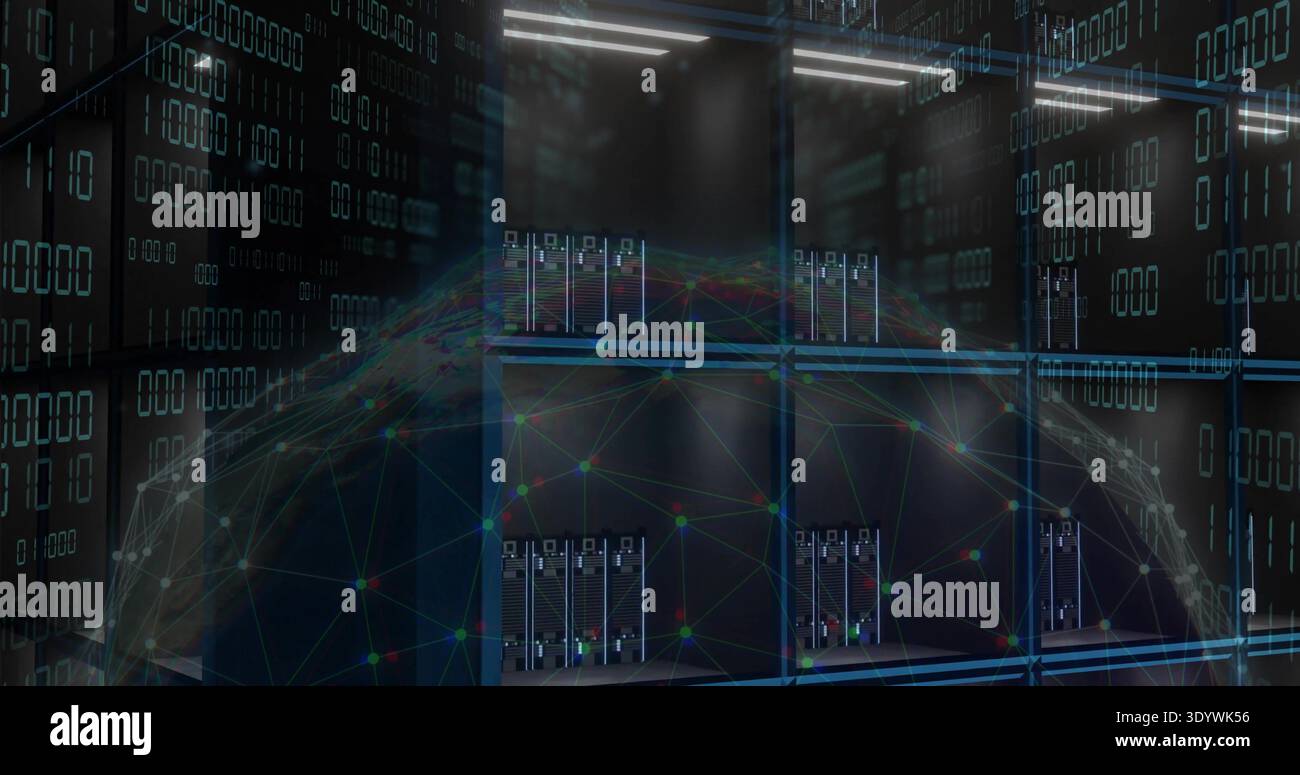 Showing central server racks projecting digital network globe over data center with LED lights Stock Photo