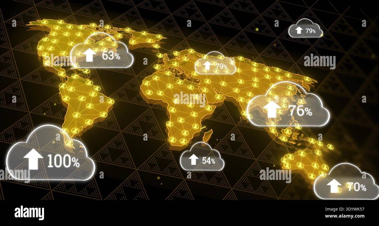 Displaying glowing node world map on dark triangular grid, showing cloud icons with percent labels Stock Photo