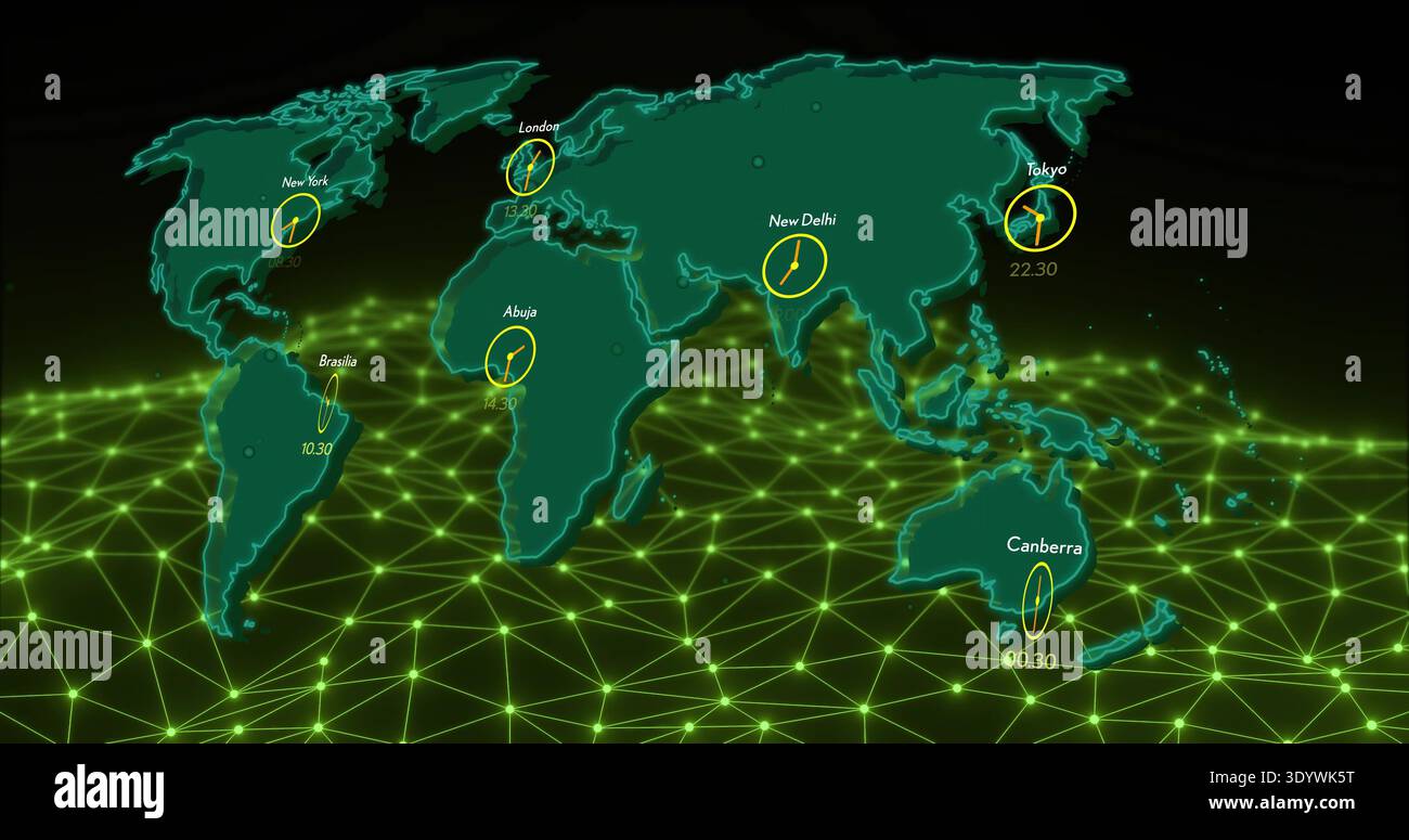 Displaying stylized teal world map hovering above virtual grid, showing glowing clock icons Stock Photo
