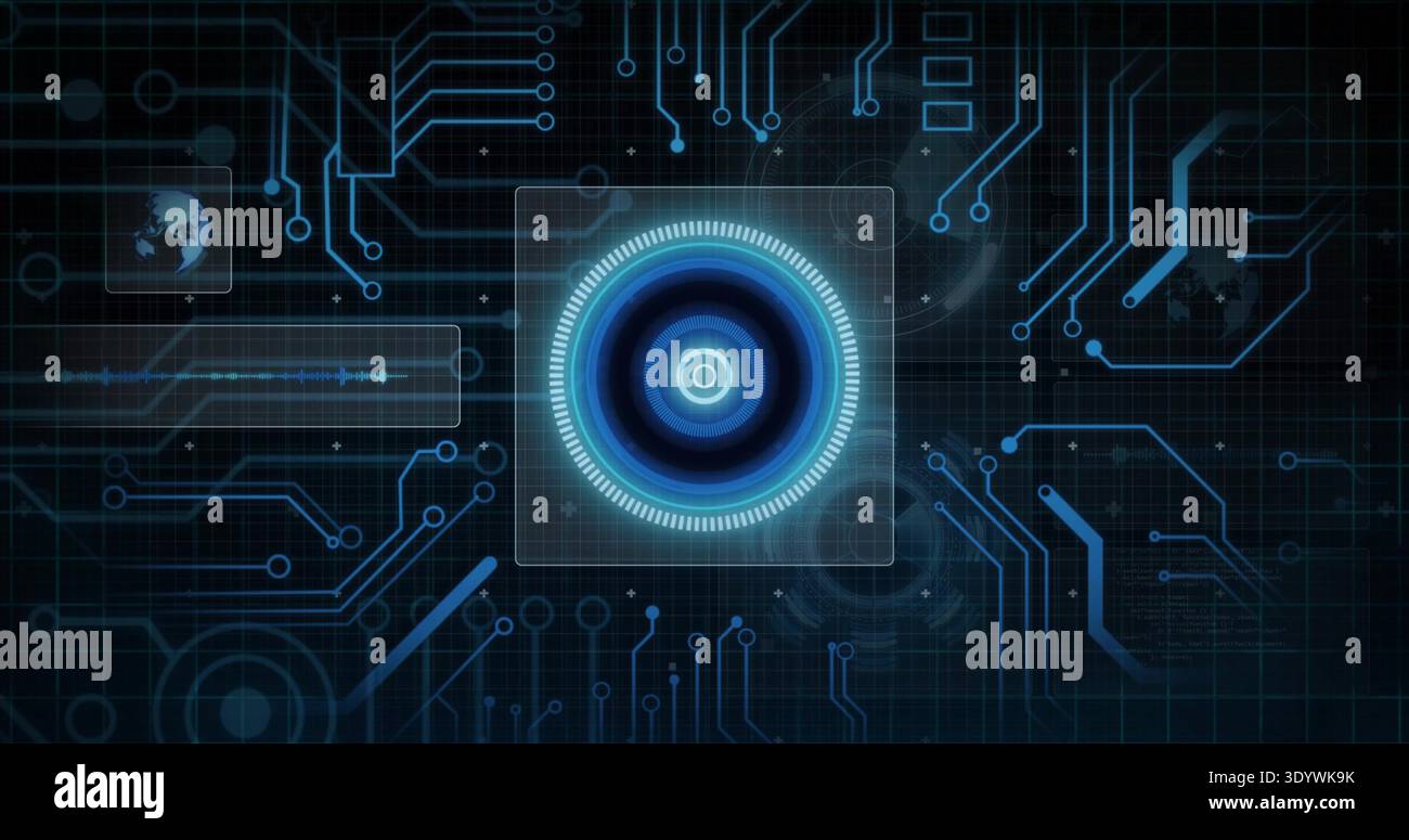 Pulsing central concentric HUD element floating on dark grid, with globe, waveform, circuit traces Stock Photo