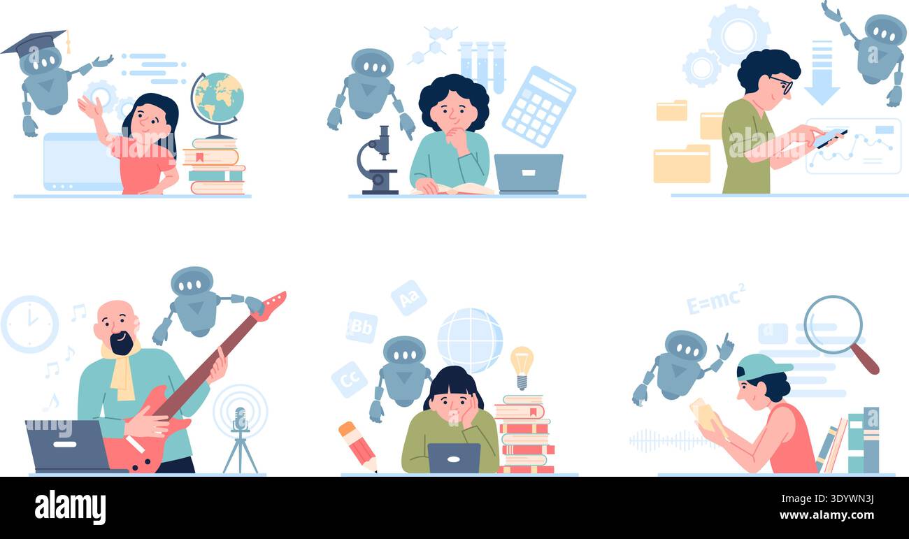 Ai in education concept. Artificial intelligence help people in work and creative processes, in research and coding. Modern technologies using, recent Stock Vector