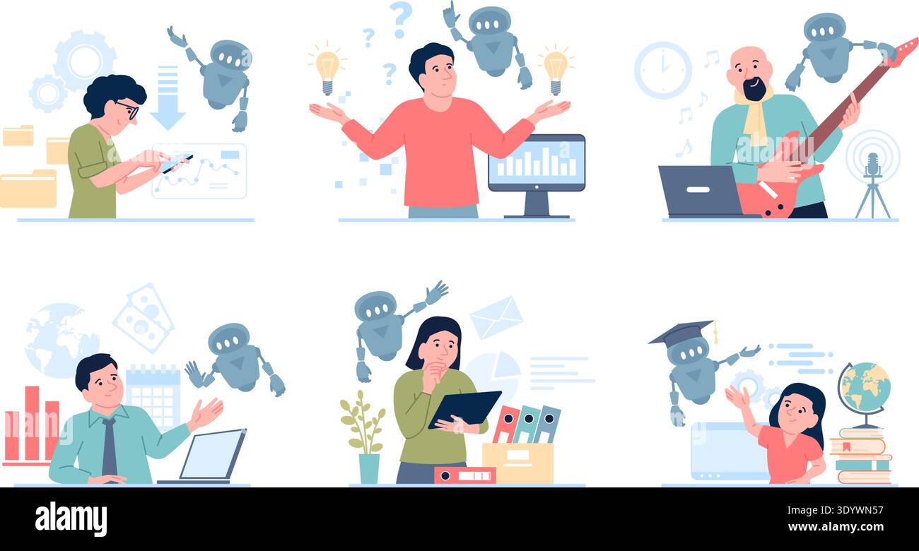 Ai help in work. Using artificial intelligence in office, management, study, programming, creative and financial forecasting. Digital helper recent Stock Vector