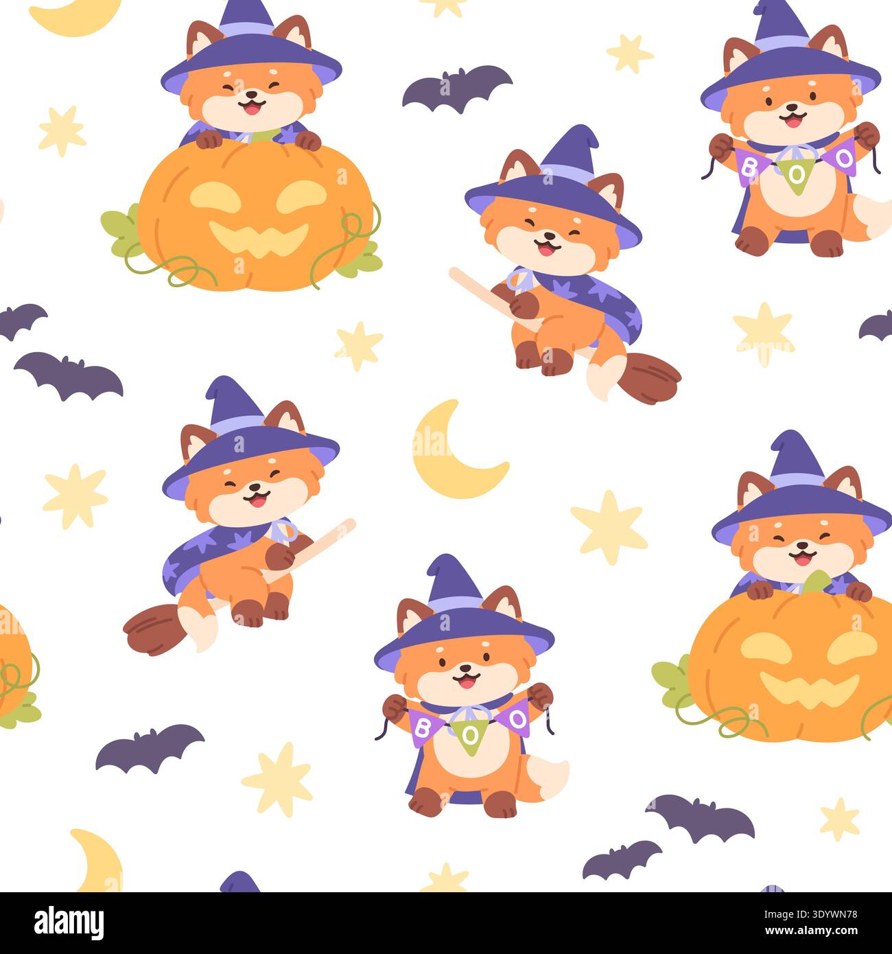 Halloween fox seamless pattern. Funny animal in witch costume with pumpkin and flying on broom. Childish print for textile, wallpaper, racy vector Stock Vector
