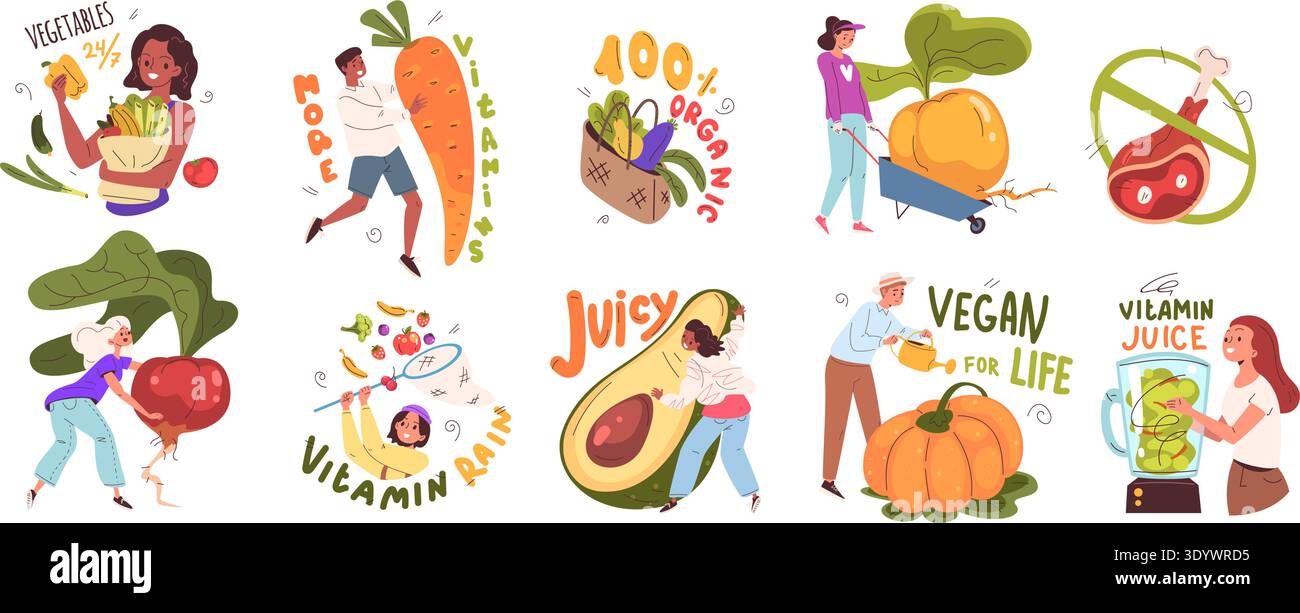 Vegan lifestyle characters. Vegetarian people characters healthy green life style, vegetable based food diet cooking zero waste free eco friendly set, classy vector illustration original artwork Stock Vector