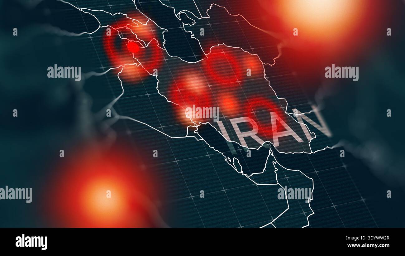 Conflict between Iran and USA shown on a map with highlighted regions in the Middle East Stock Photo
