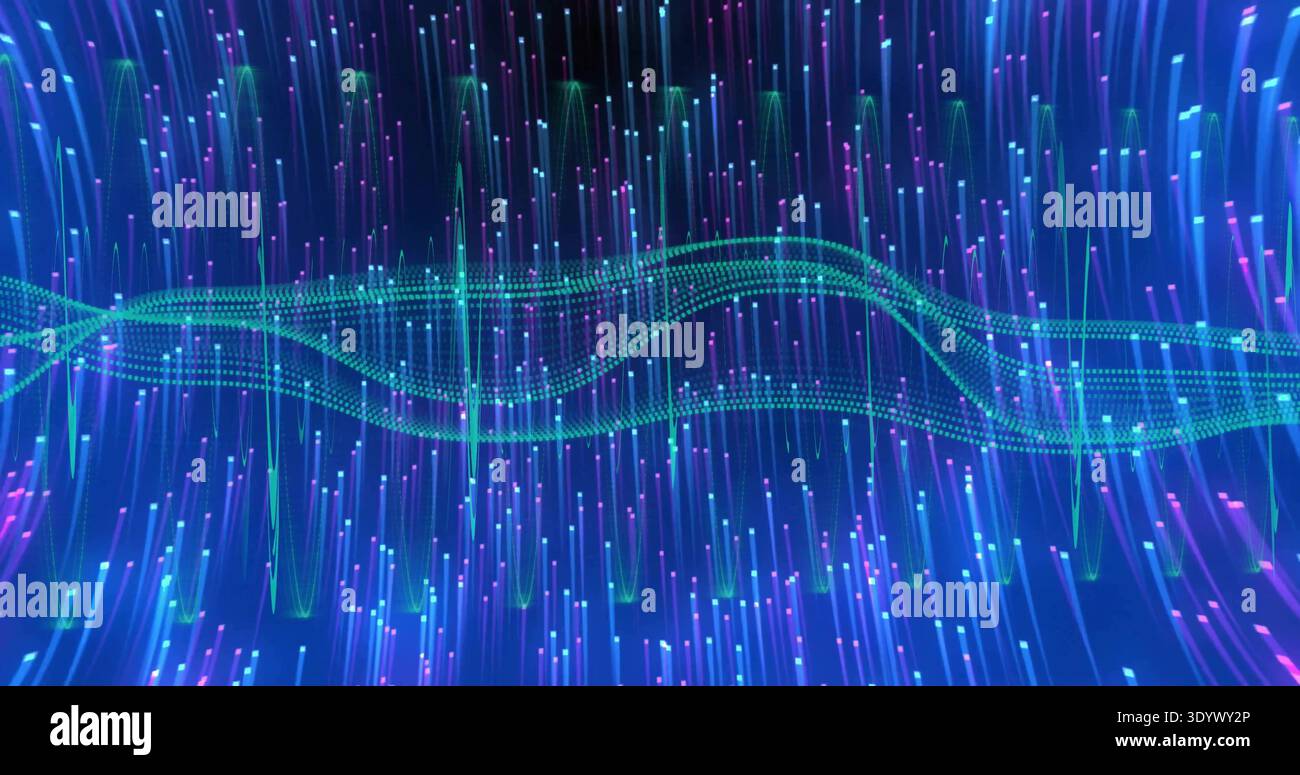 Flowing central undulating waveform sweeping digital space, showing vertical streaks, pixels, mesh Stock Photo