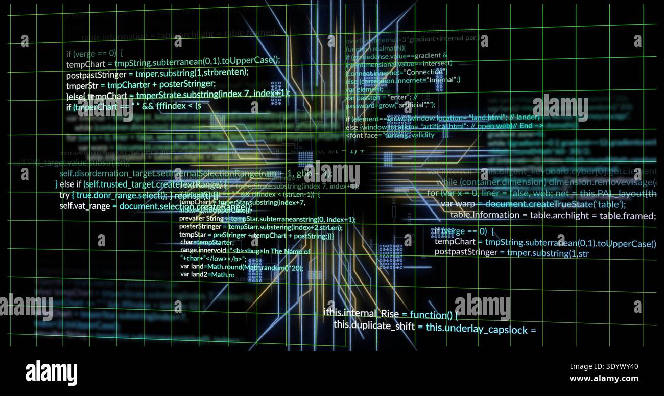 Displaying digital HUD on terminal, showing green grid, code blocks and glowing nodes Stock Photo