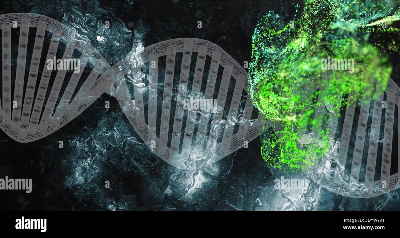 Displaying translucent DNA helix stretching across abstract lab visual ...