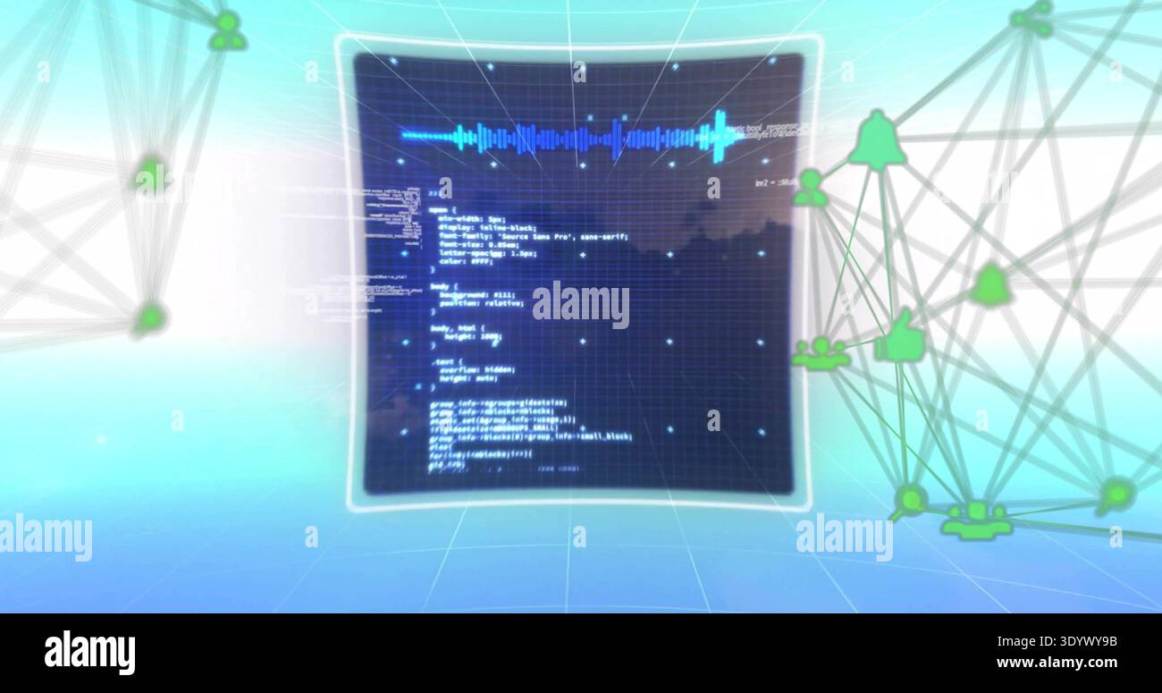 Displaying central floating HUD showing blue wave and code over 3D-grid plane with green node icons Stock Photo