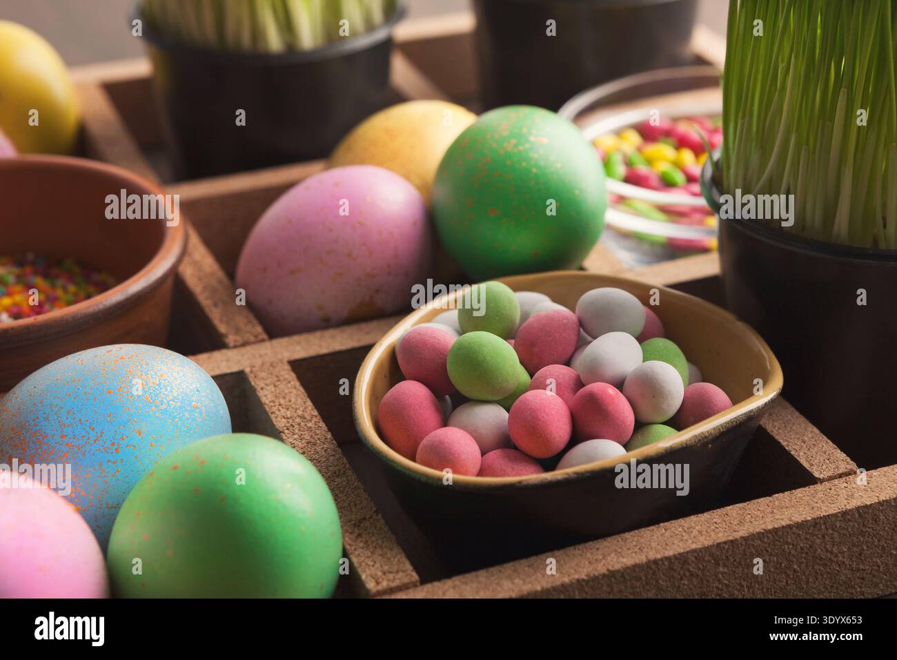 Easter eggs painted in pastel colors Stock Photo