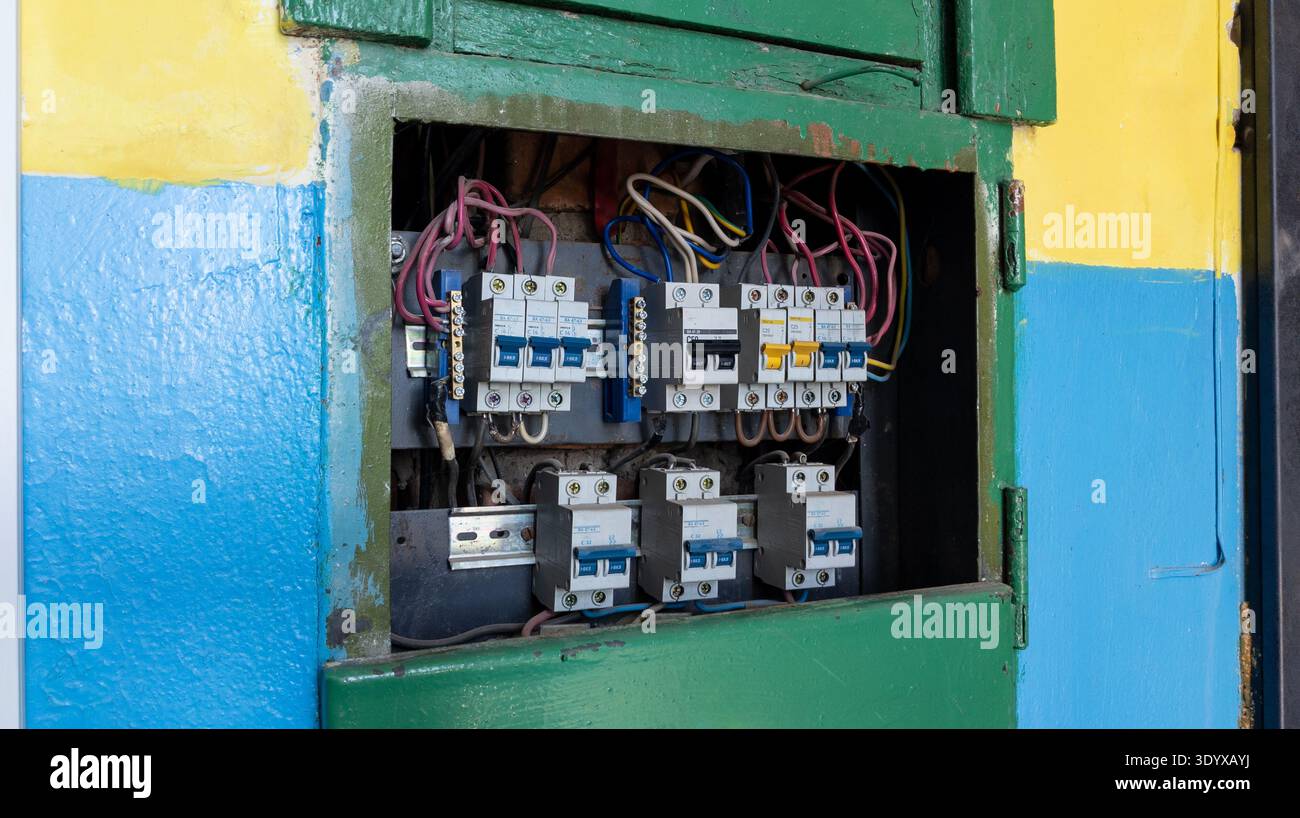 Electrical distribution board with fuses or circuit breakers in an old ...