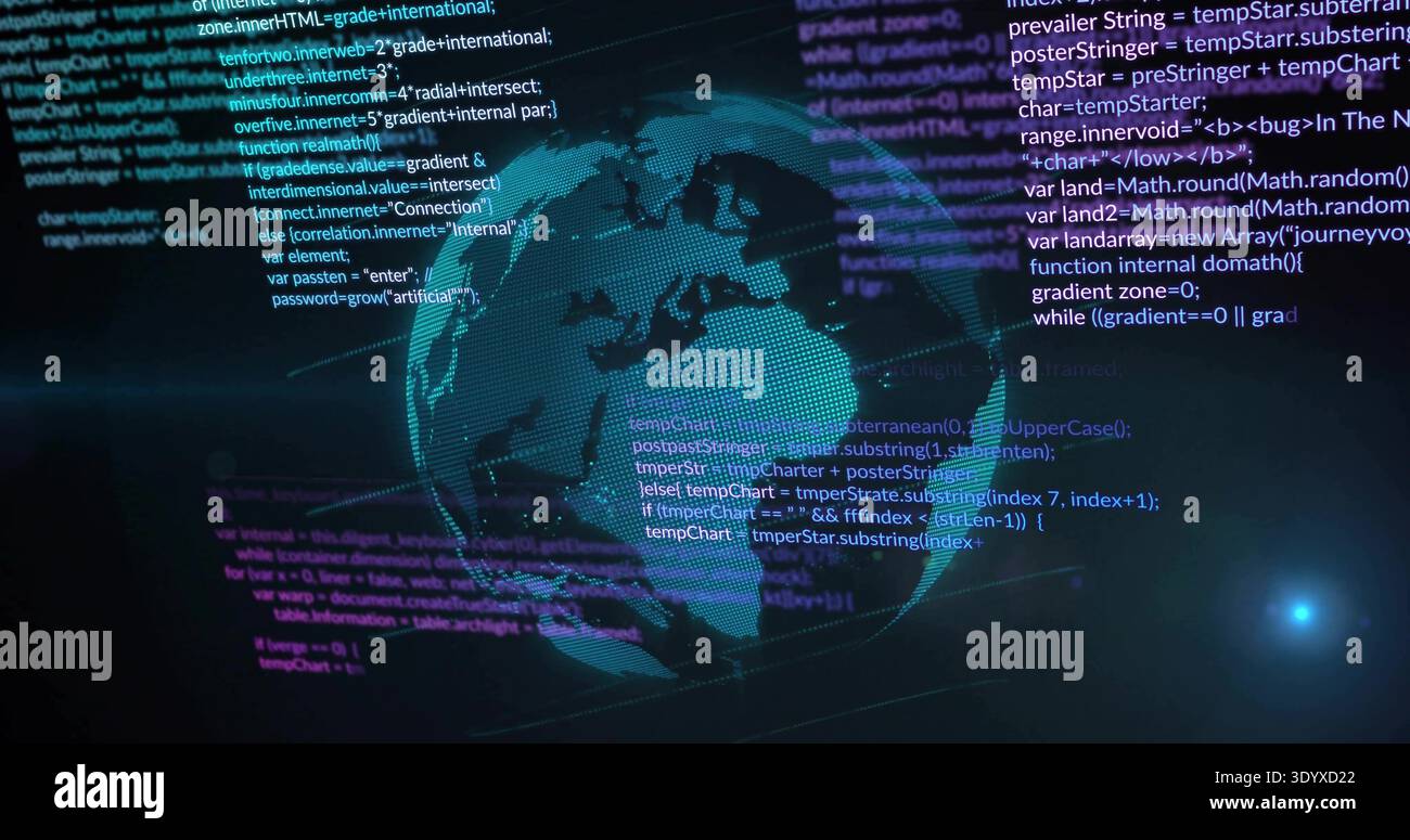 Rotating holographic dotted globe showing scrolling code and grid lines in virtual dashboard Stock Photo