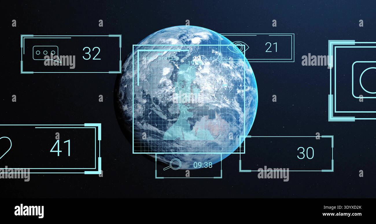 Displaying rendered Earth orbiting deep space, showing grid, triangular marker, HUD panels 09:38 Stock Photo