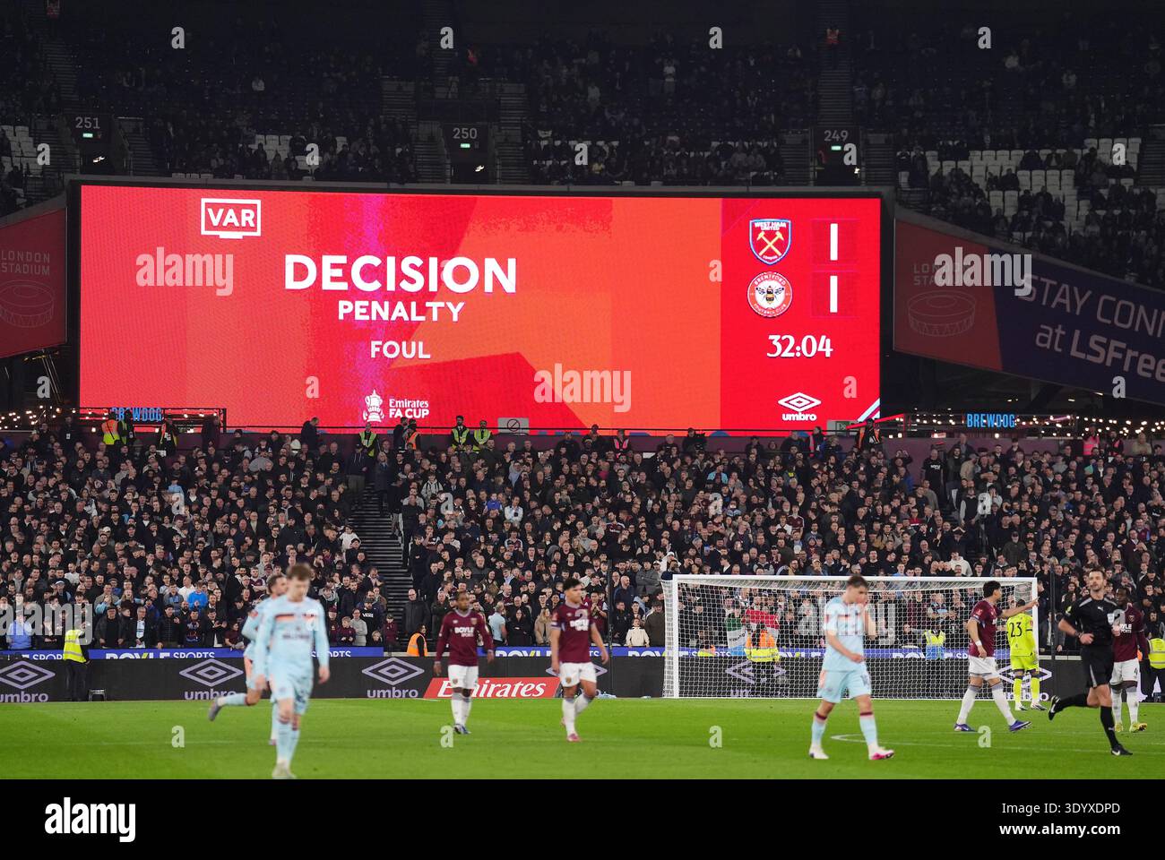 The big screen showing the VAR decision of penalty to West Ham United ...