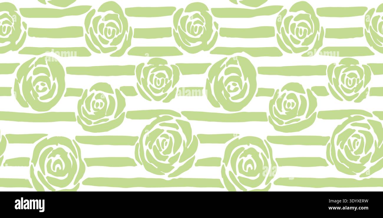 Lime Green Hand-Drawn Floral and Striped Seamless Vector Pattern Stock Vector