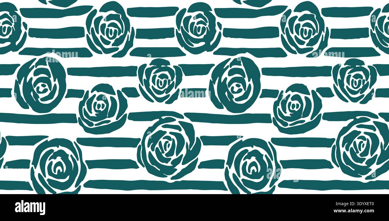 Deep Teal Hand-Drawn Floral and Striped Seamless Vector Pattern Stock Vector