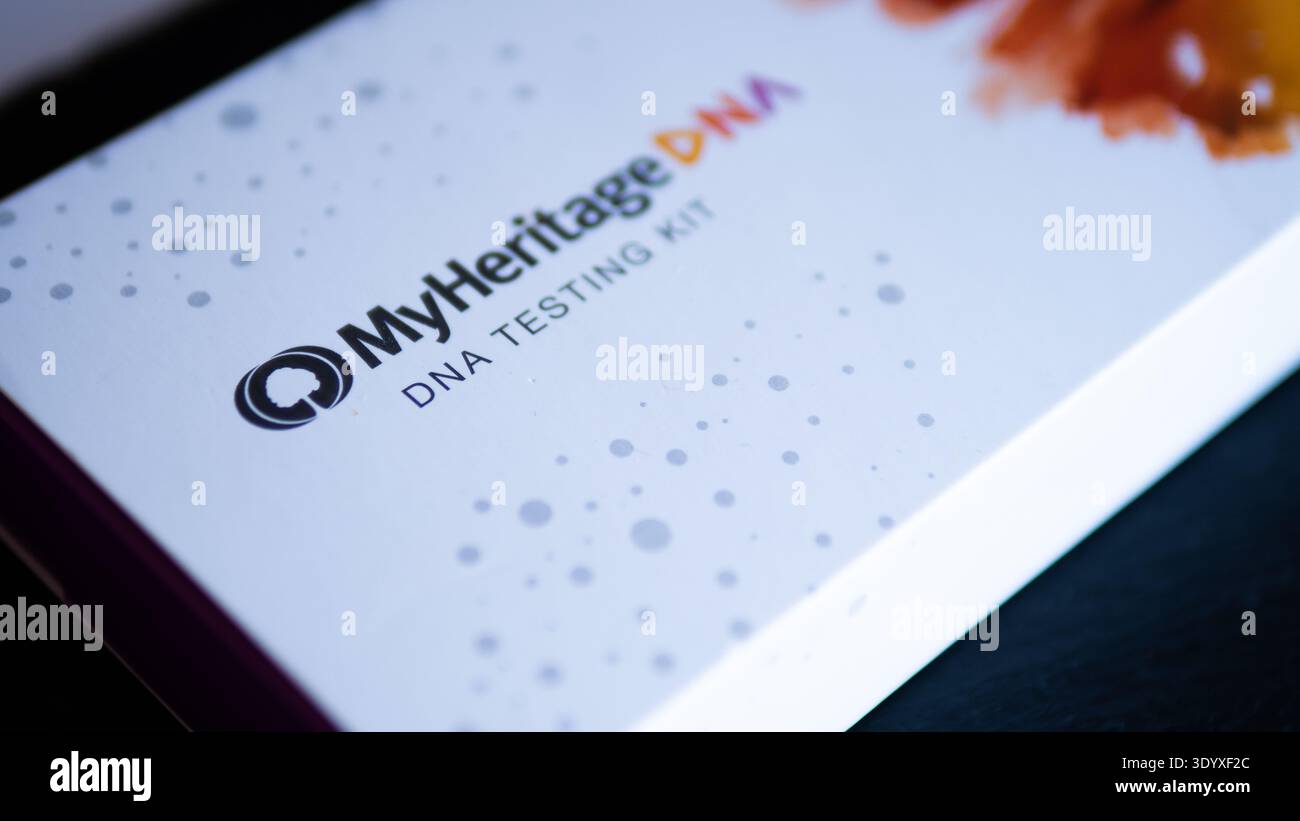 MyHeritage DNA testing kit box genetic ancestry home test Stock Photo ...
