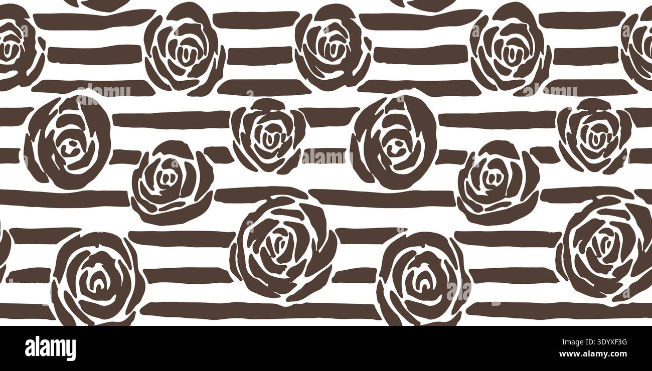 Chocolate Brown Hand-Drawn Floral and Striped Seamless Vector Pattern Stock Vector