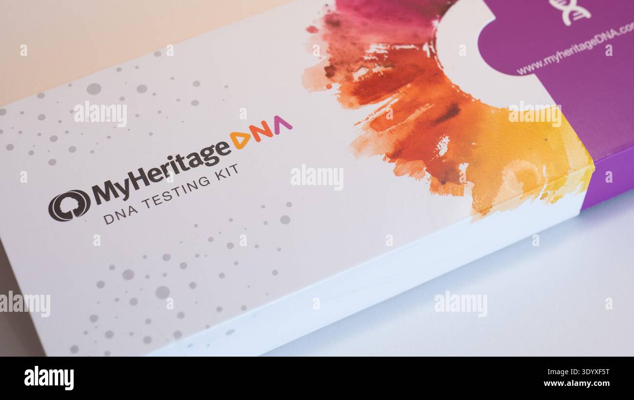MyHeritage DNA testing kit box genetic ancestry home test Stock Photo ...