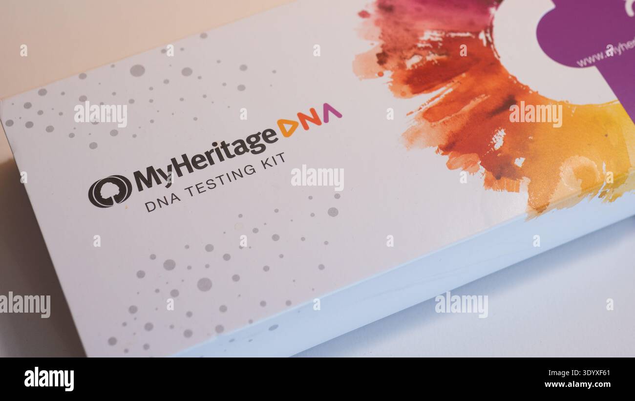 MyHeritage DNA testing kit box genetic ancestry home test Stock