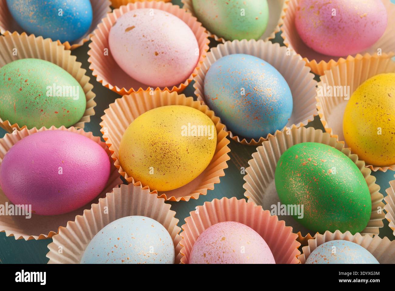 Easter background. Colored eggs closeup Stock Photo