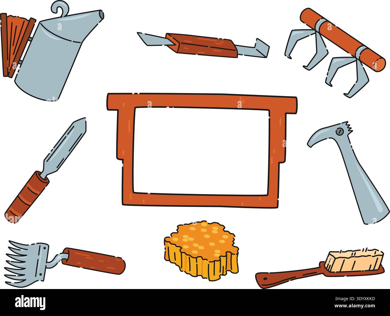 Beekeeping tools set. Beekeeper items, cartoon style drawing. vector cartoon illustration Stock Vector