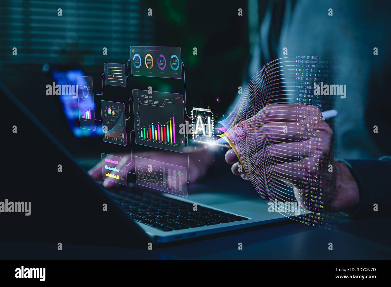 Artificial intelligence data analytics concept. Professional using laptop with dashboard, machine learning charts, real time data processing Stock Photo