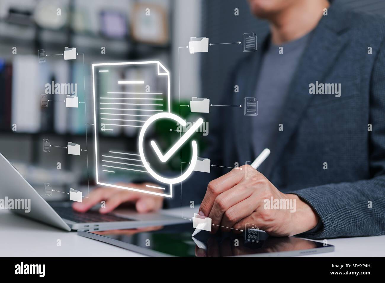 Digital document management system concept with businessman using tablet and stylus to approve files. Efficient electronic paperwork processing Stock Photo