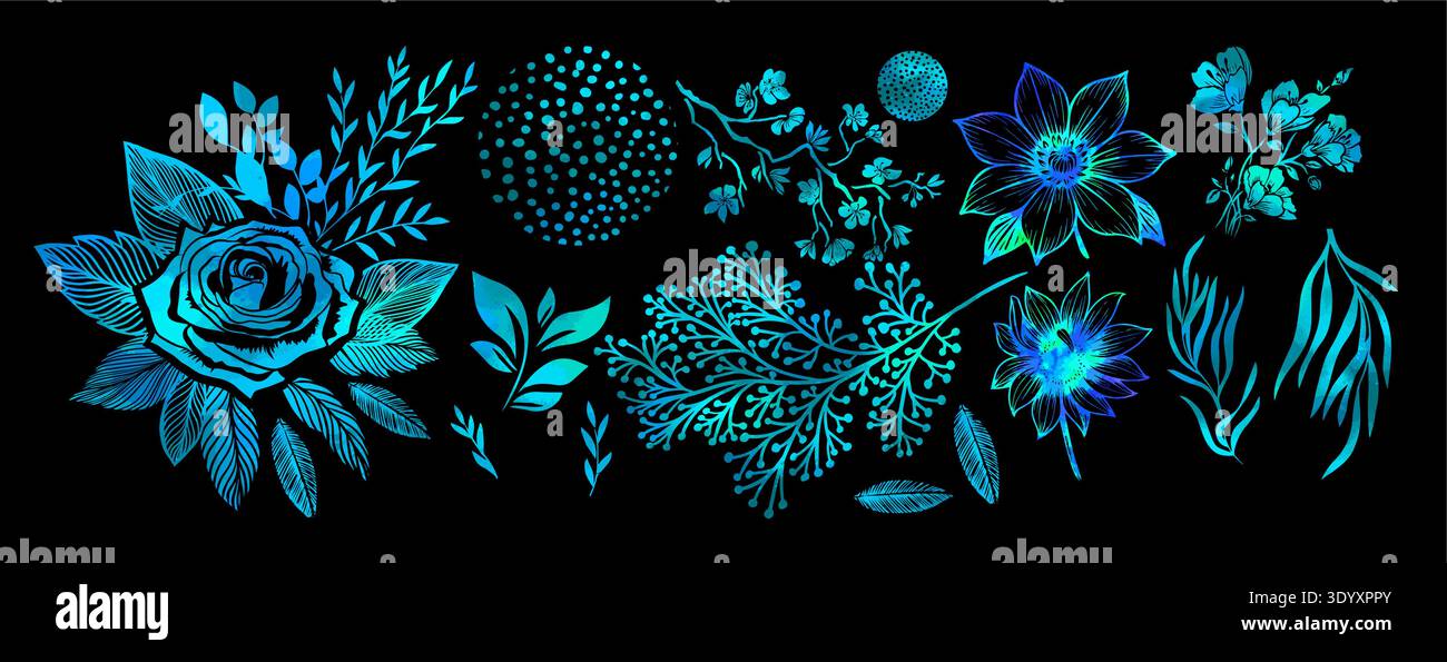 Set of neon flowers on a black background . Hand drawn. Not AI, vector illustration. Stock Vector