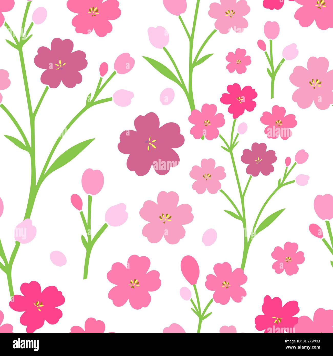Seamless pattern with spring pink flowers. Hand drawn. Not AI, vector illustration. Stock Vector