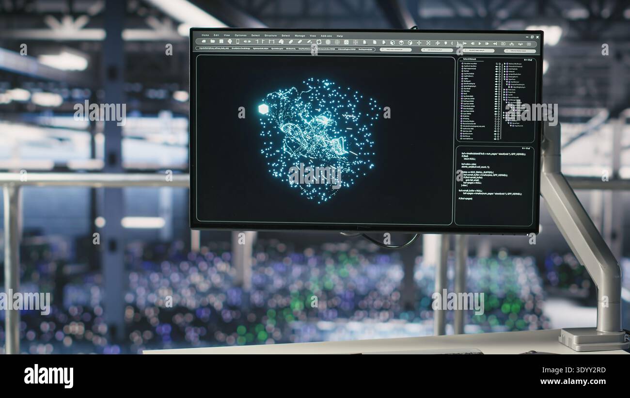Server hub computer screen monitoring systems processing machine learning datasets for AI workflows. PC displays tracking hardware supporting artificial intelligence model development Stock Photo