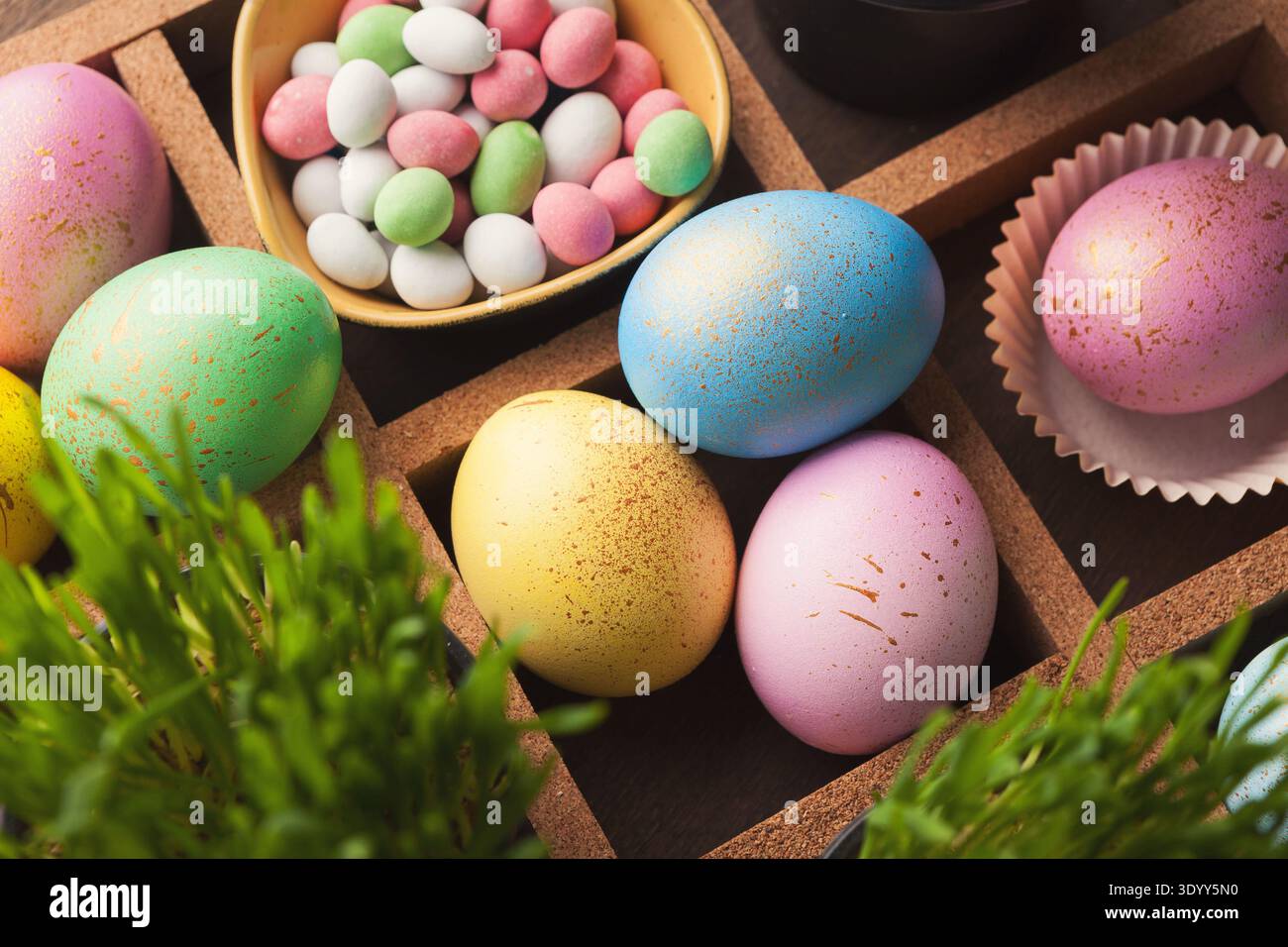 Colourful easter eggs painted in pastel colors Stock Photo