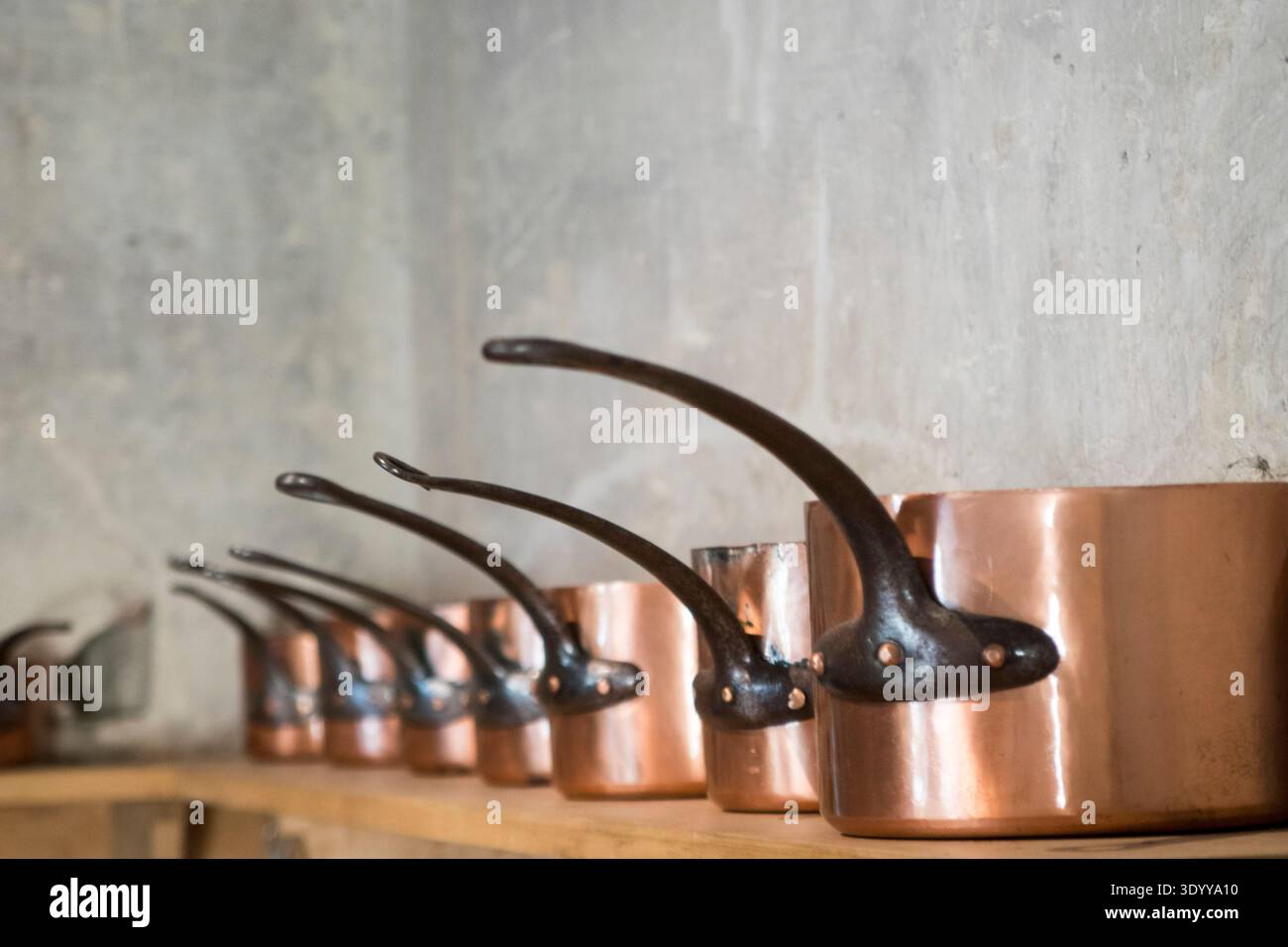 Old Copper Pots on kitchen shelf Stock Photo